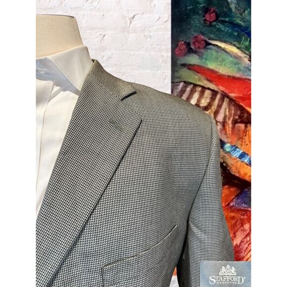 Stafford Signature 48L Silk Wool Houndstooth Soft Blazer Sport Suit Jacket - Picture 3 of 16